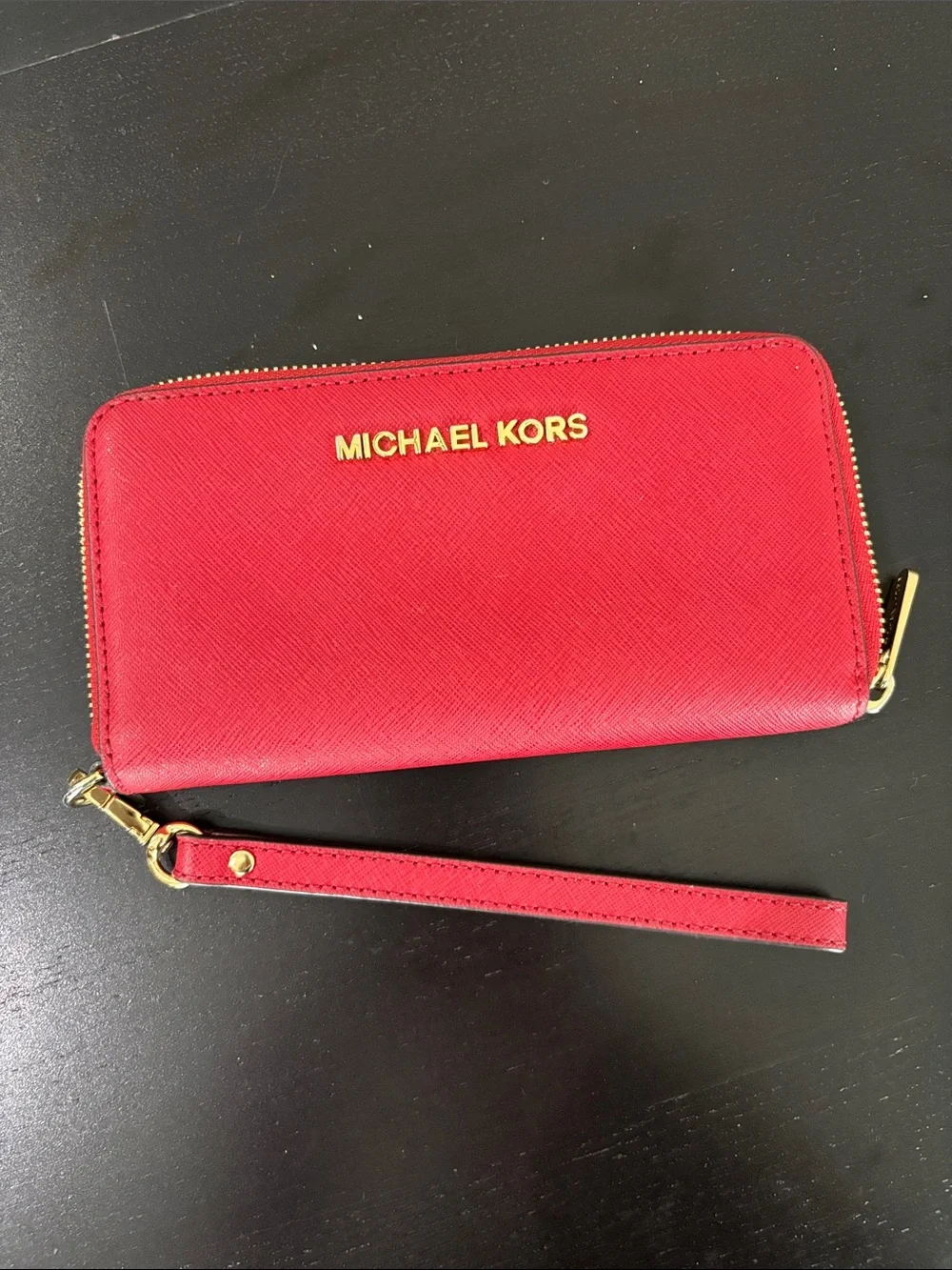 Michael Kors Red Leather Zip Around Wristlet with Gold Hardware